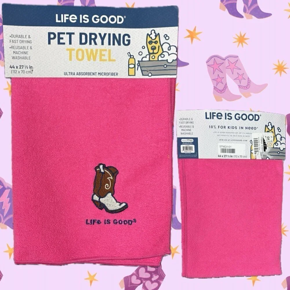 Life Is Good Pink Cowboy Boot Patch Microfiber Finished Edges Pet Drying Towel